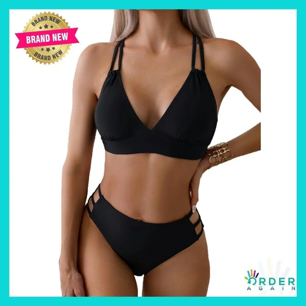 Sexy V Neck Bikini Set Hollow Out Cutout Mid Waist Two Piece Swimsuit